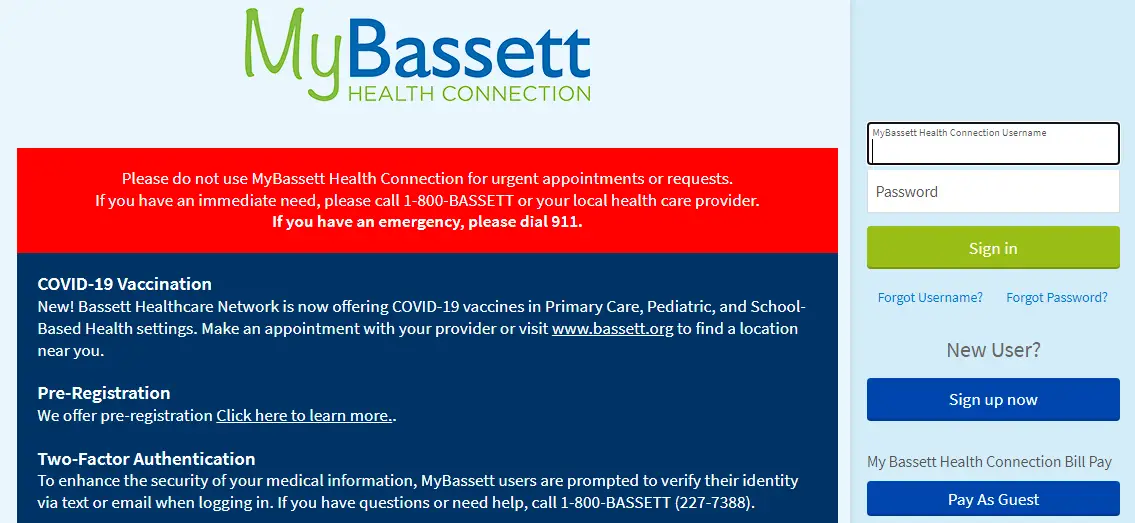 MyBassett Health Connection - Login page. Health Features: Safety and Confidentiality: Bassett Healthcare Network (and its affiliates) is done.