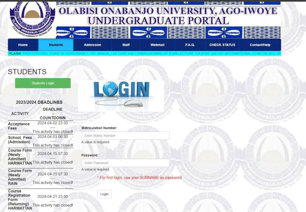 OOU Student Portal Login