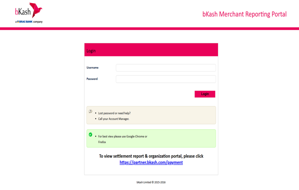 BKash Merchant reporting Portal Login