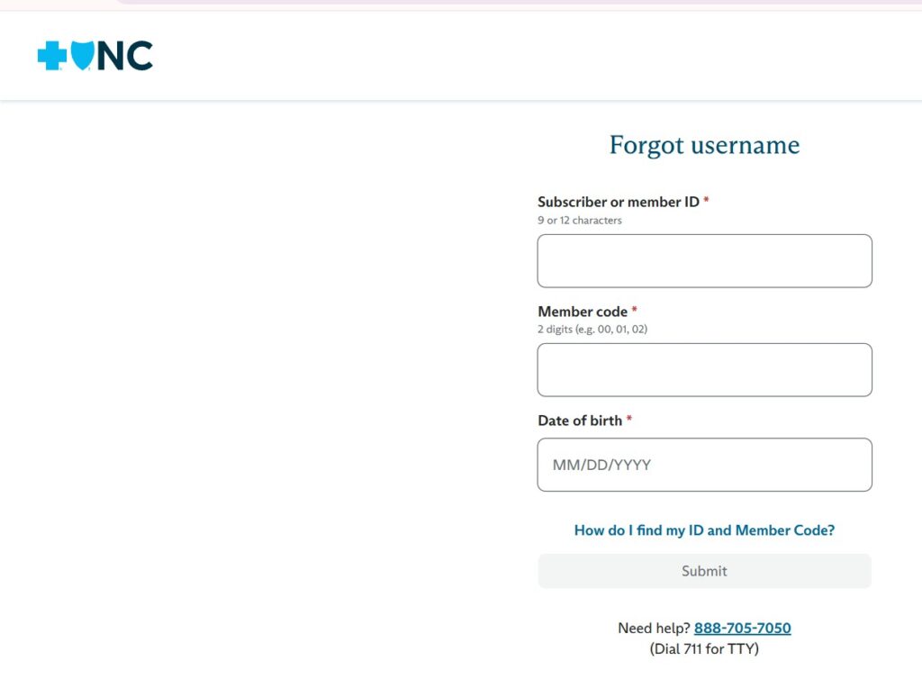 BCBSNC Forget Your Password or Username
