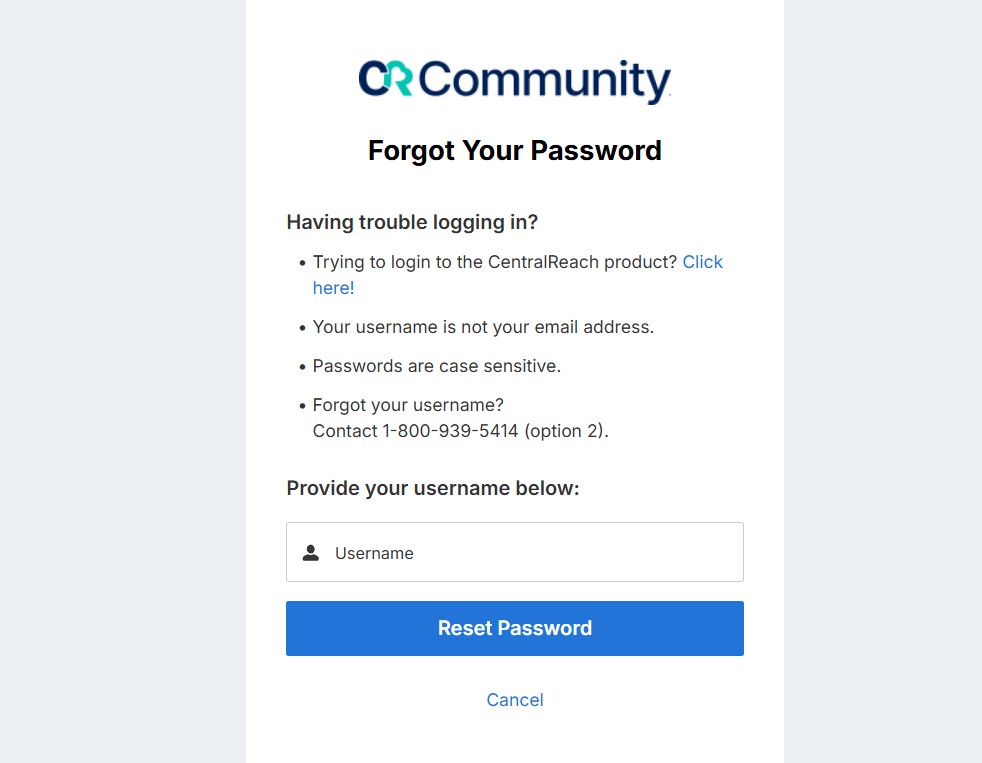 CentralReach Forgot Your Password
